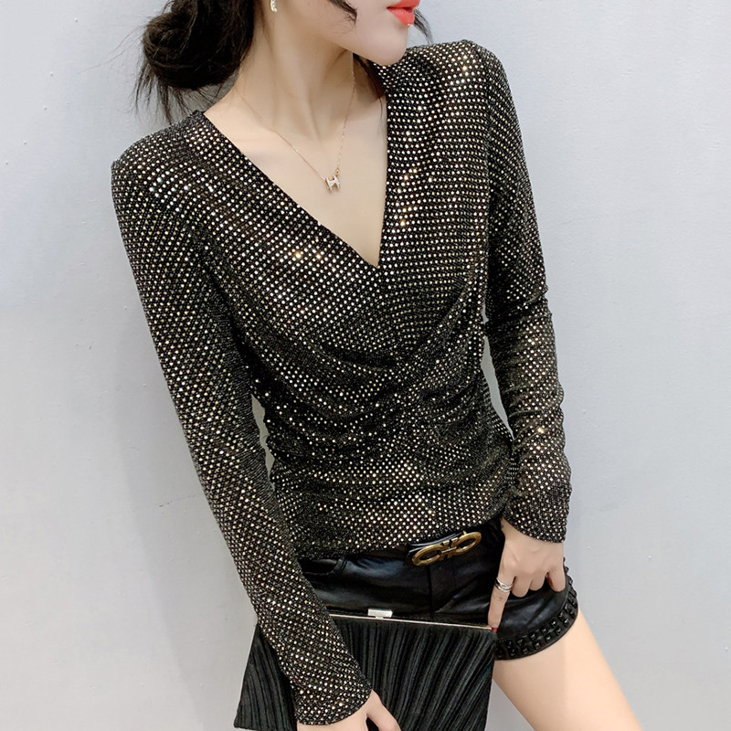 欧洲站2025秋装新款性感亮片V领T恤女长袖洋气上衣紧身显瘦打底衫,女装/女士精品,T恤,淘宝优惠券,粉丝福利购,淘宝优惠卷