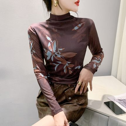 半高领网纱打底衫女内搭复古印花长袖T恤洋气修身加绒上衣秋冬潮