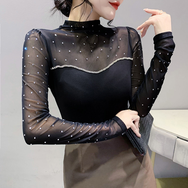 欧货性感透视网纱拼接打底衫长袖