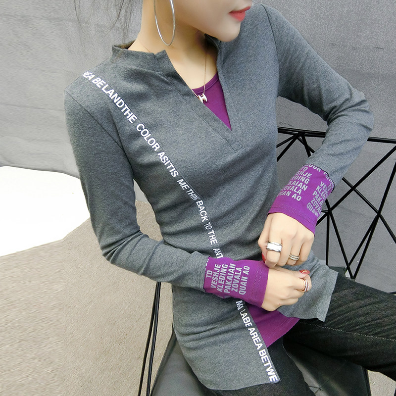 春秋装时尚中长款假两件T恤女