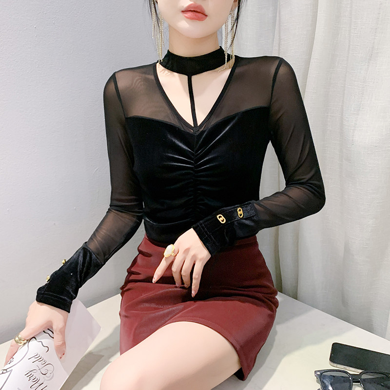 性感镂空网纱拼接丝绒上衣女