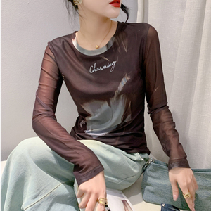 欧货小衫2023秋装新款时尚印花网纱长袖打底衫修身百搭上衣T恤潮
