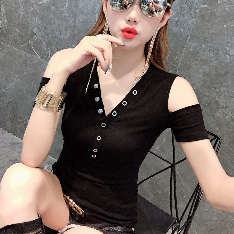 2026夏装新款性感露肩V领T恤女短袖洋气上衣纯棉修身百搭半袖丅恤