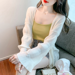 法式喇叭袖白色防晒雪纺开衫外套女夏季宽松慵懒外搭衬衫罩衫上衣