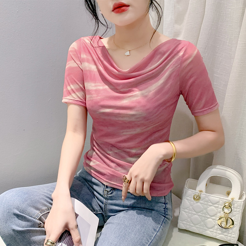 设计感荡领扎染印花网纱T恤女图片