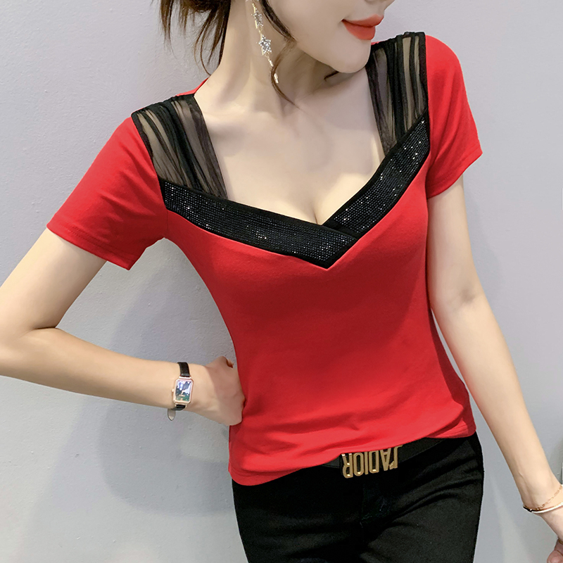 0新款潮性感夏网洋气半袖烫钻T恤