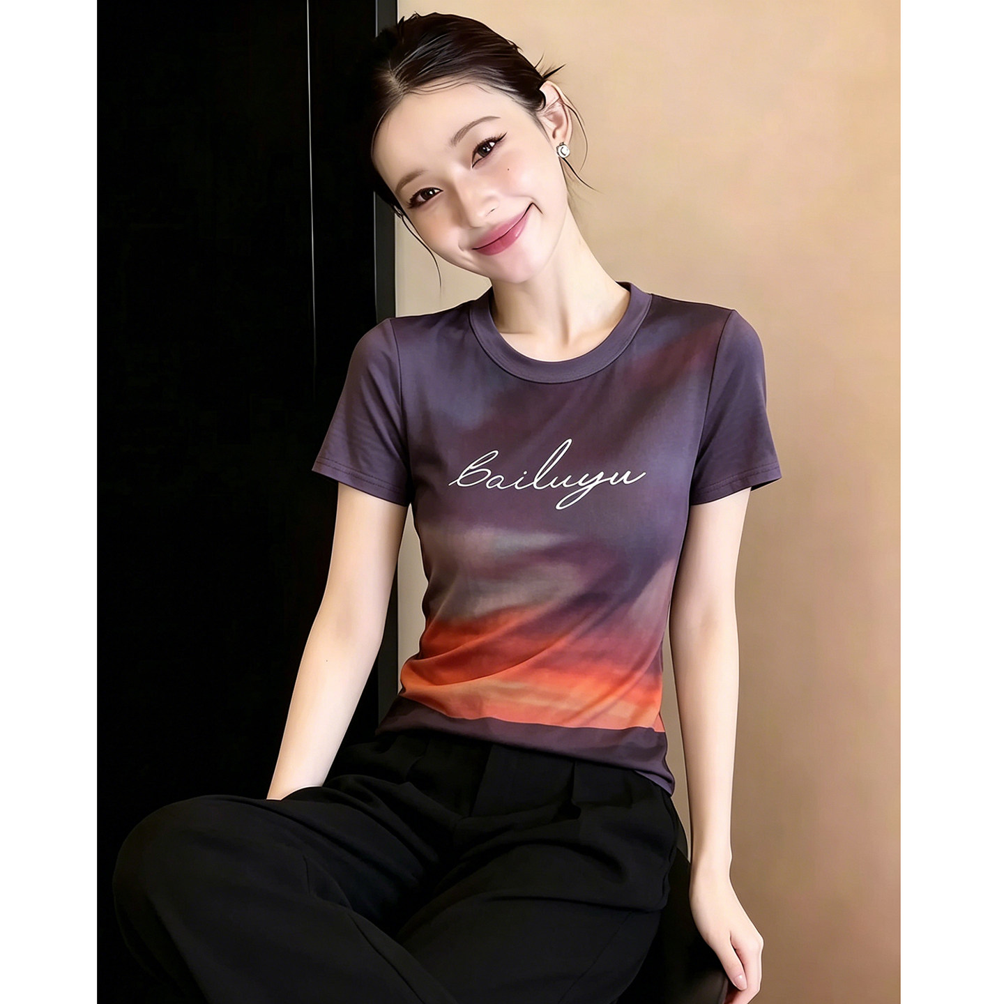时尚印花T恤女短袖夏装新款漂亮百搭圆领上衣修身薄款网纱小衫潮