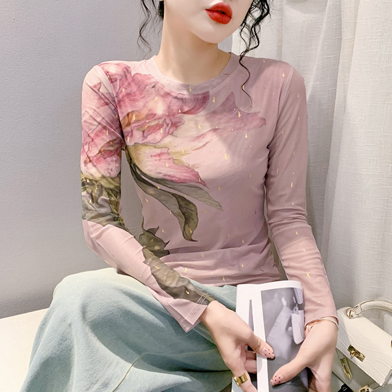 复古印花减龄网纱打底衫女