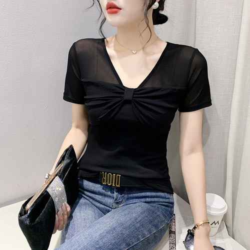 性感网纱短袖设计感蝴蝶结上衣女