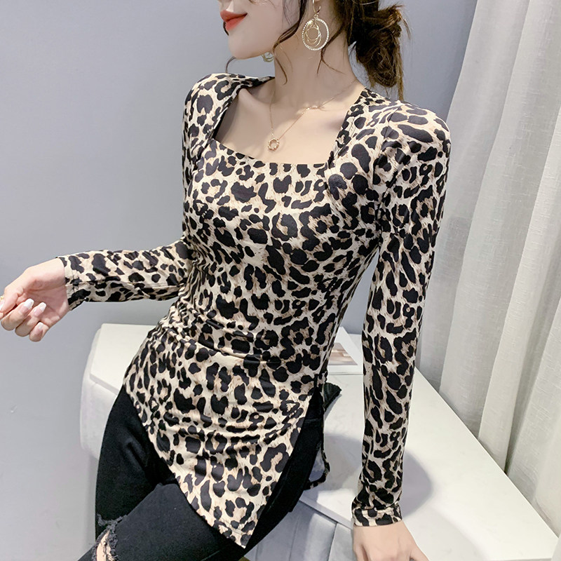 性感方领豹纹t恤女长袖秋装设计感不规则上衣洋气内搭紧身打底衫