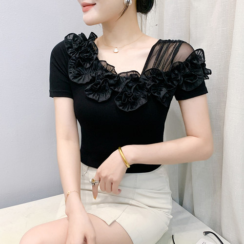 夏季欧货立体花边网纱拼接T恤女