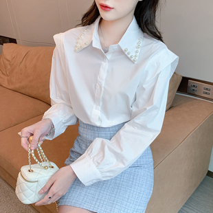 白色钉珠POLO翻领长袖衬衫女2026春装新款设计感小众上衣气质衬衣