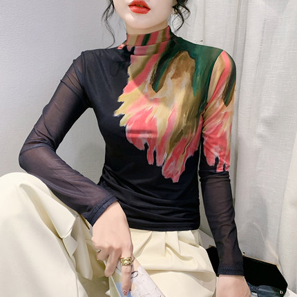 欧货时尚印花T恤女长袖内搭半高领打底衫修身加绒网纱上衣秋冬潮