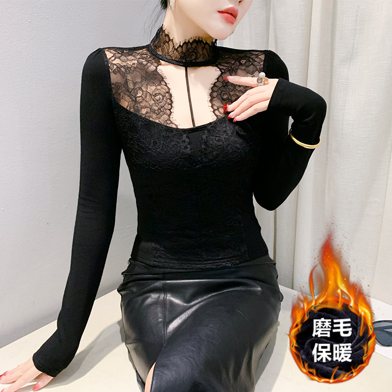 气质减龄蕾丝拼接磨毛打底衫女