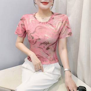 时髦女人味印花T恤女短袖夏装新款气质薄款上衣修身显瘦半袖体恤