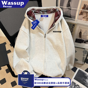 子拼接卫衣秋冬加绒开衫 慵懒风格 情侣连帽外套 BEAVER美式 WASSUP