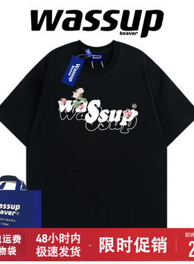 WASSUP BEAVER美式潮牌纯棉短袖T恤夏季男女学生宽松半袖上衣情侣