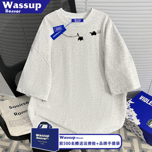 WASSUP BEAVER纯棉美式小猫印花短袖男女t恤夏季宽松情侣百搭上衣