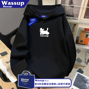 宽松上衣外套 潮流情侣衫 WASSUP BEAVER趣味小狗套头连帽卫衣美式
