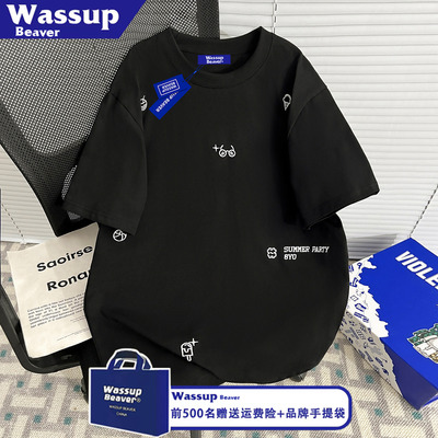 WASSUPBEAVER纯棉刺绣短袖t恤男