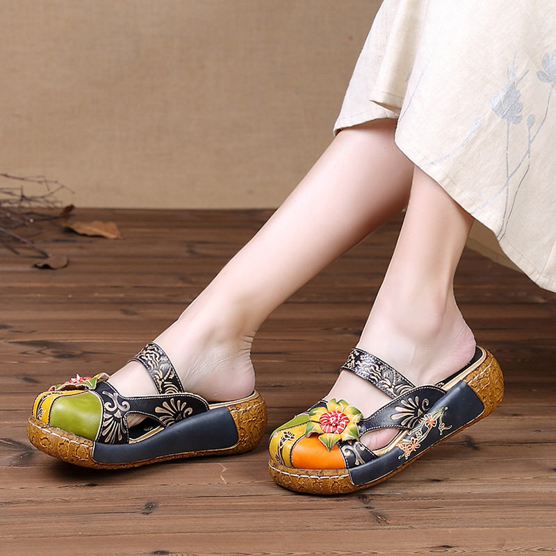 春夏民族风复古花朵大码厚底外穿凉拖鞋外贸包头真皮手工半拖鞋女,女鞋,其他拖鞋,淘宝优惠券,粉丝福利购,淘宝优惠卷