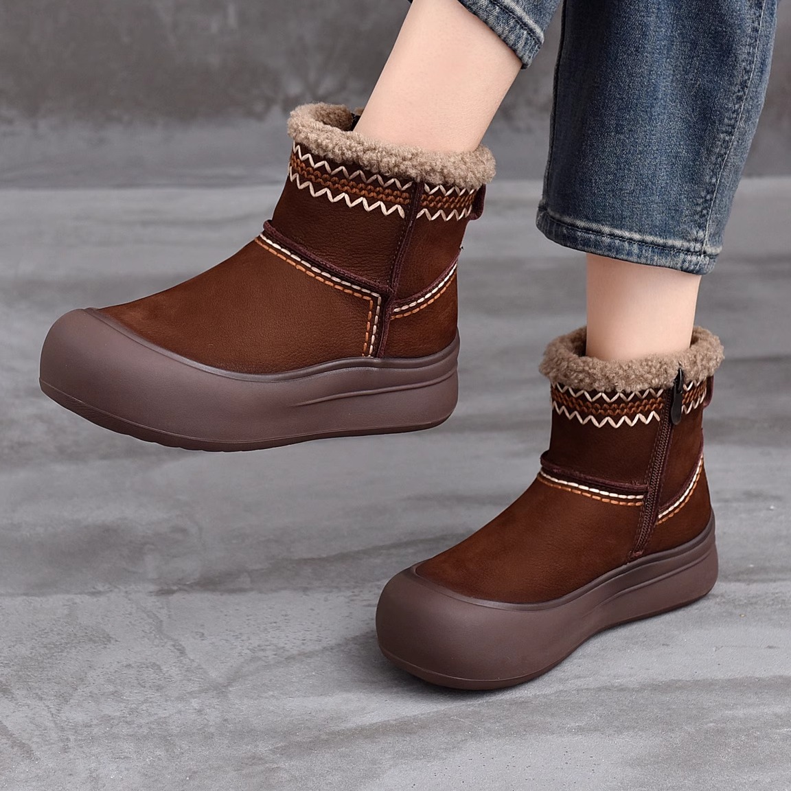 秋冬季新款真皮民族风加绒棉靴牛皮休闲平底雪地靴复古侧拉链短靴