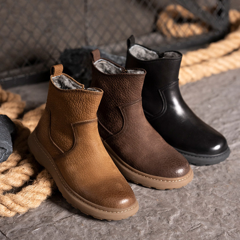 冬季新款真皮加绒男靴皮毛一体雪地靴牛皮加厚东北男式马丁靴棉靴
