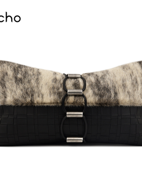 echo轻奢米灰马毛拼接黑色编织皮革抱枕样板间装饰沙发腰枕靠垫套