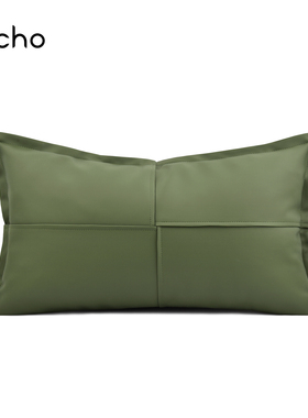 现代简约轻奢样板房间抱枕绿色皮革拼接靠枕沙发客厅羽绒腰靠垫套