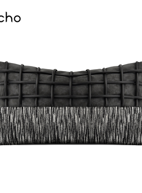 轻奢酒店样板间高级抱枕单人沙发客厅黑灰色编织绳拼接长方形靠垫