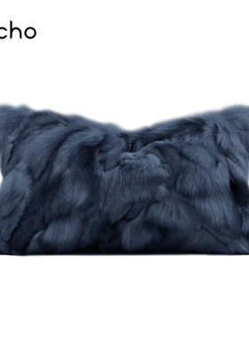 现代轻奢抱枕样板房奢华沙发靠枕高级深蓝色狐狸毛接床上腰枕靠垫