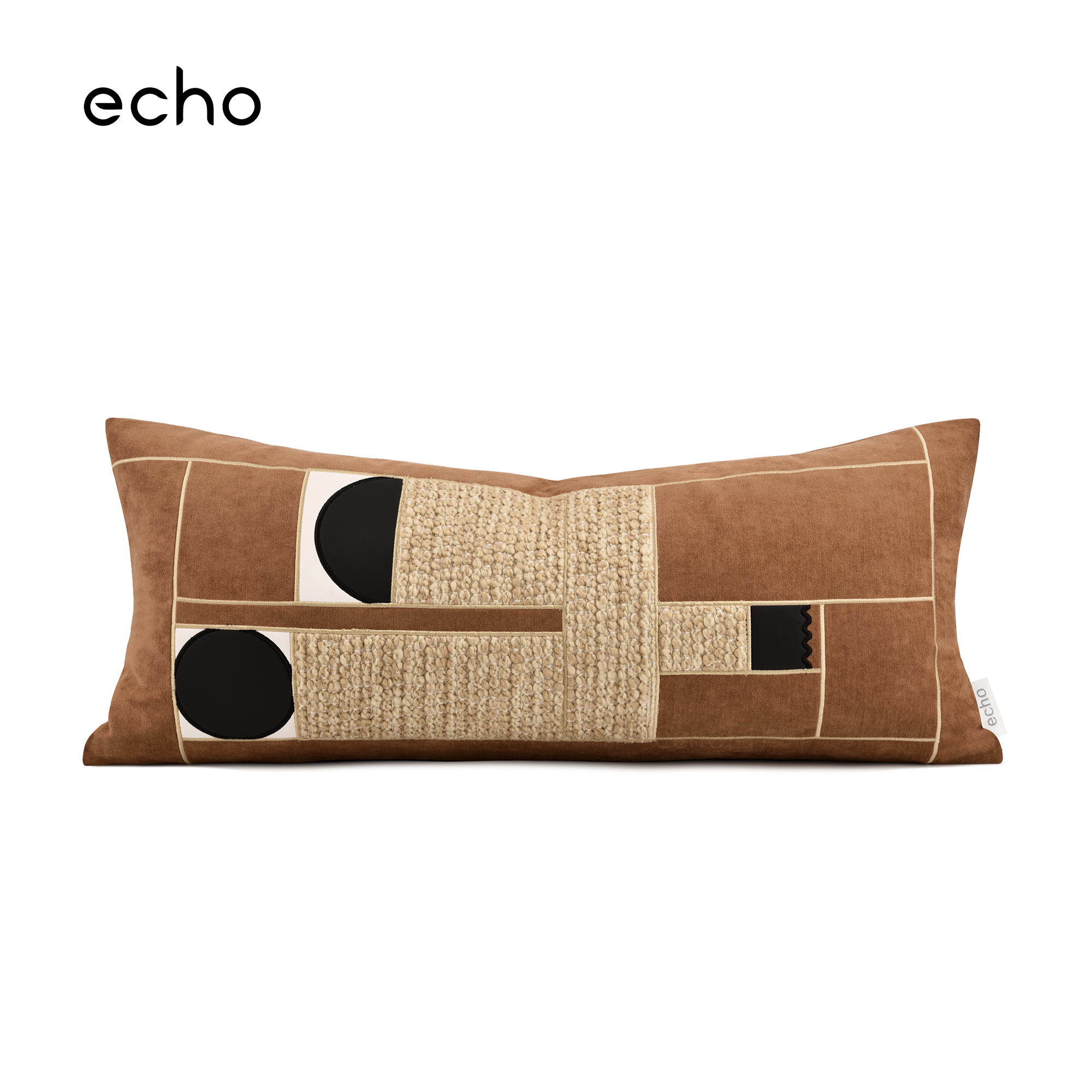 echo样板间儿童房飘窗榻榻米抱枕米橙色几何绣花床品长条腰枕靠垫