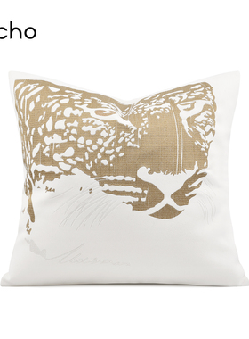 样板房高级感现代简约抱枕轻奢设计师款白色绣花金色豹子方枕靠垫