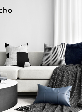 意式极简轻奢样板房高档软装抱枕沙发客厅靠枕蓝灰色组合腰枕靠垫