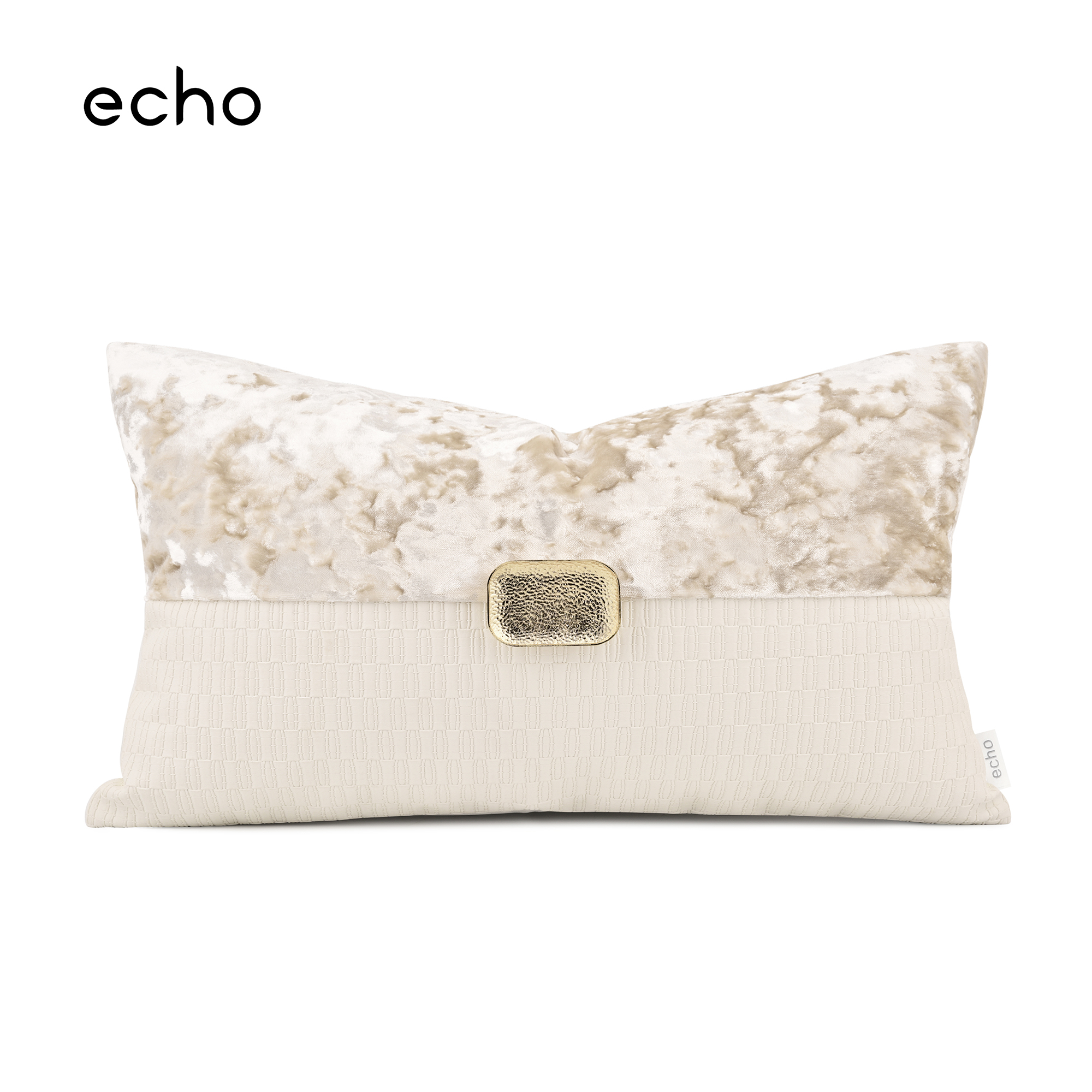 echo法式轻奢奢华香槟白冰花绒拼接皮革抱枕样板间沙发腰枕靠垫套