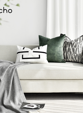 酒店样板间黑白墨绿色飘窗高档轻奢沙发抱枕客厅靠枕正方形靠垫套