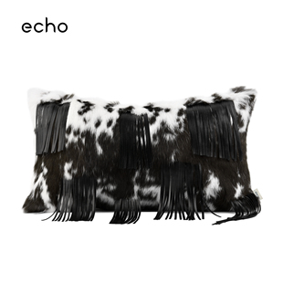 轻奢样板房抱枕沙发客厅黑白高级兔毛自然花纹皮流苏靠枕腰枕靠垫