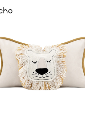 北欧风沙发样板间抱枕现代黄色贴布绣狮子森林系儿童卡通腰枕靠垫