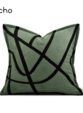 北欧ins轻奢风儿童沙发样板现代绿色麂皮绒绣线抽象抱枕床头靠垫