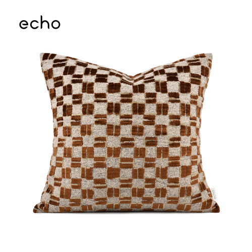echo轻奢中古风进口割绒橘橙色几何格子样板间进口靠包靠垫抱枕