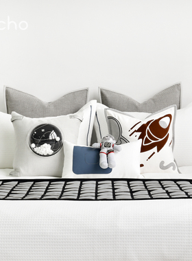 echo回声蓝橙色星空太空主题卡通儿童样板间装饰床品可定制多件套