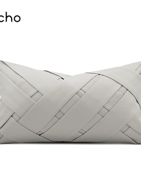 样板间轻奢软装设计师客厅抱枕灰色皮质编织沙发定制长条腰靠垫套