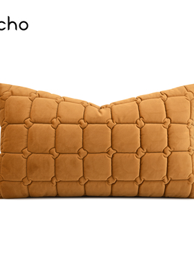 现代简约轻奢样板间橘黄色方格裥棉绣花儿童抱枕床头腰枕靠垫软包