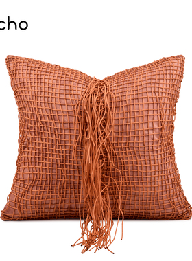 儿童女孩房样板间砖红粉橙红色抱枕编织方枕靠包现代软装床上靠垫