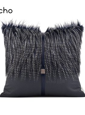 样板间轻奢设计师款深蓝色皮革拼接装饰抱枕沙发客厅靠枕床头靠垫