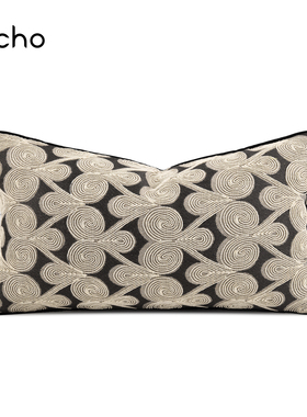 echo中古静奢老钱风黑色几何圆圈刺绣高档别墅酒店样板间抱枕腰靠