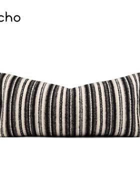 黑白条纹棉麻抱枕套侘寂风靠垫民宿样板间流苏中式沙发长条腰靠枕