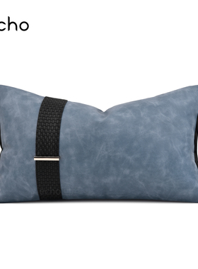 现代简约轻奢蓝色皮革拼接装饰设计师款抱枕沙发客厅飘窗腰枕靠垫