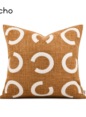 儿童房样板间卡通几何圆圈黄色抱枕绣花方枕靠包现代软装床上靠垫