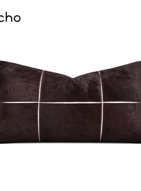 轻奢样板间抱枕中古酒红棕红色马毛拼接沙发客厅床上长腰枕靠垫套